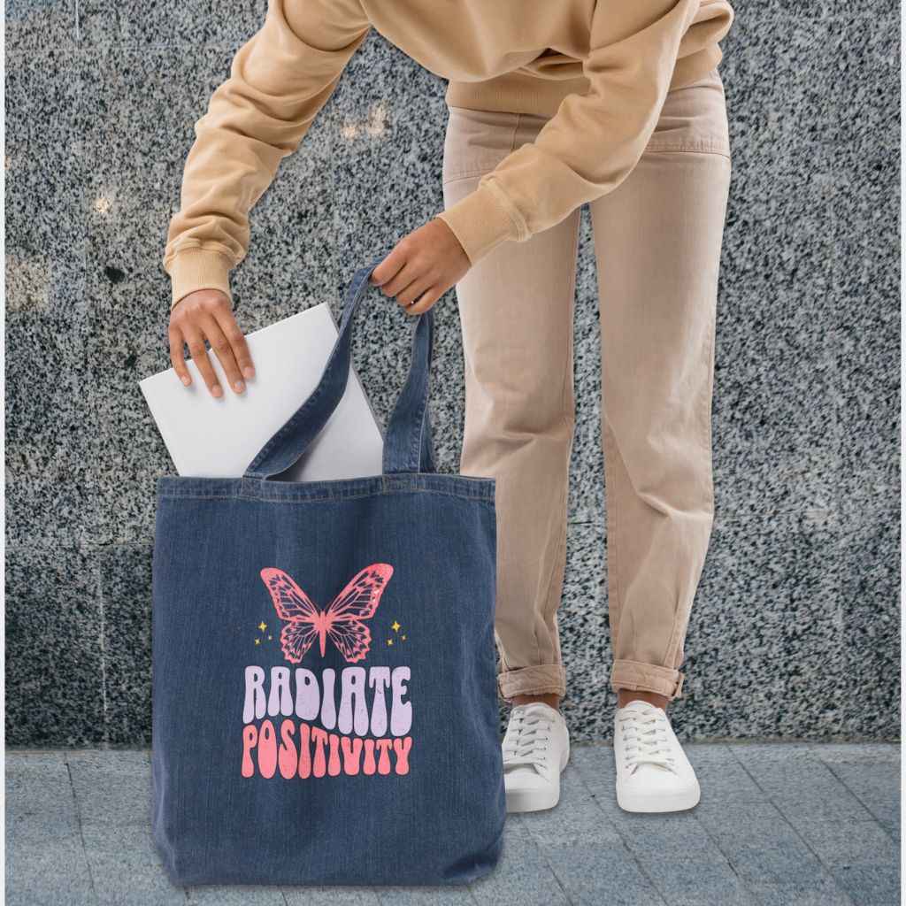 Organic Denim Tote Bag: Radiate Positivity - Eraya Studio