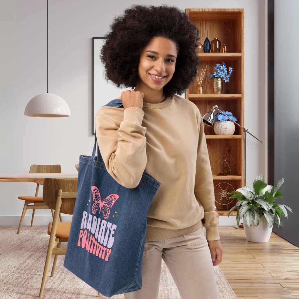 Organic Denim Tote Bag: Radiate Positivity - Eraya Studio