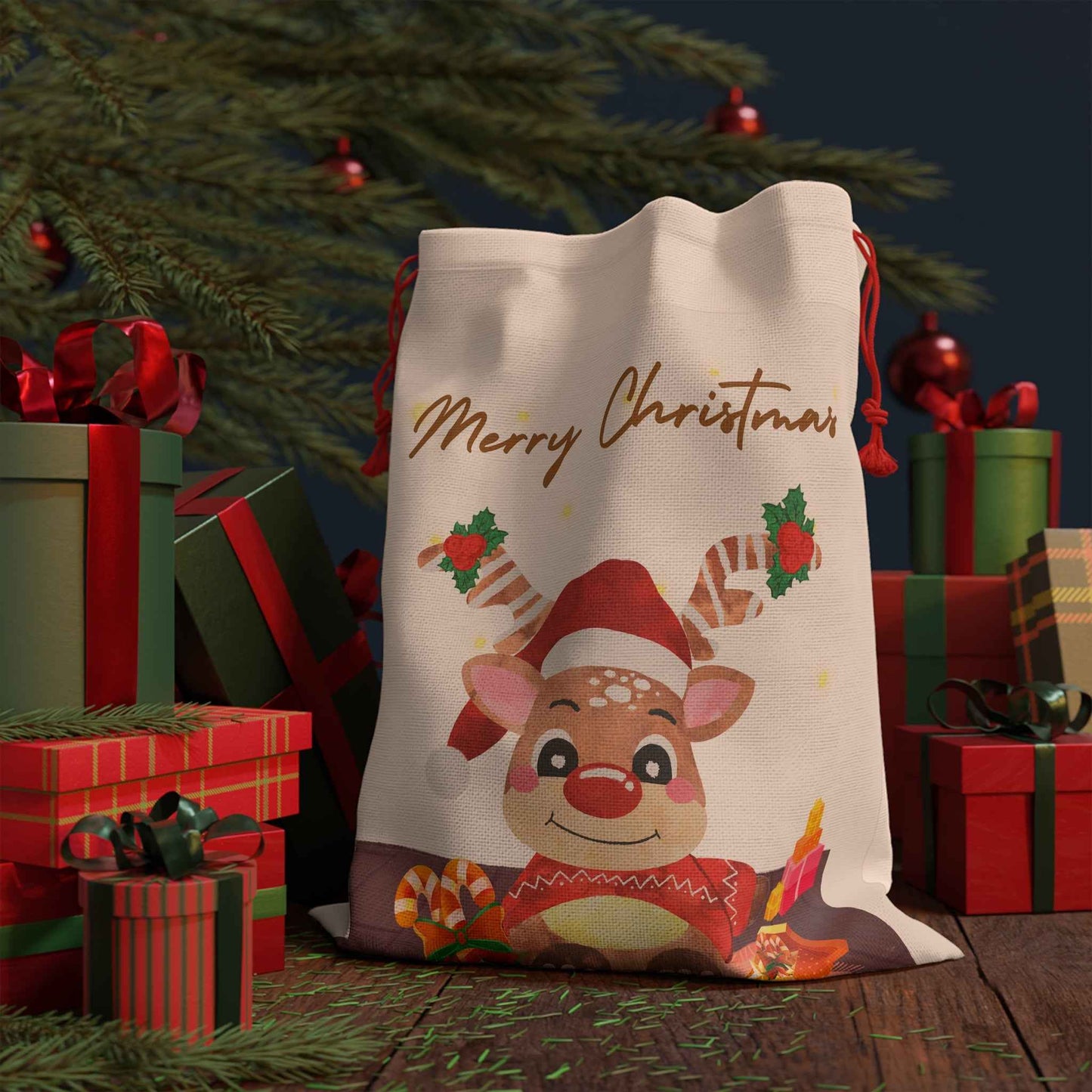 Santa Sack: Christmas Reindeer Linen Bag - Eraya Studio
