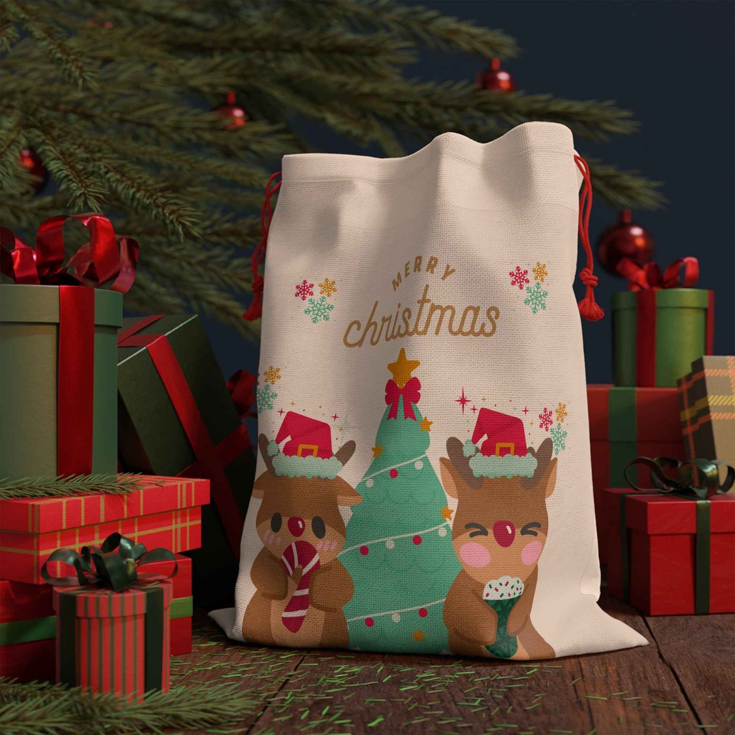 Santa Sack: Reindeer Christmas Linen Bag - Eraya Studio