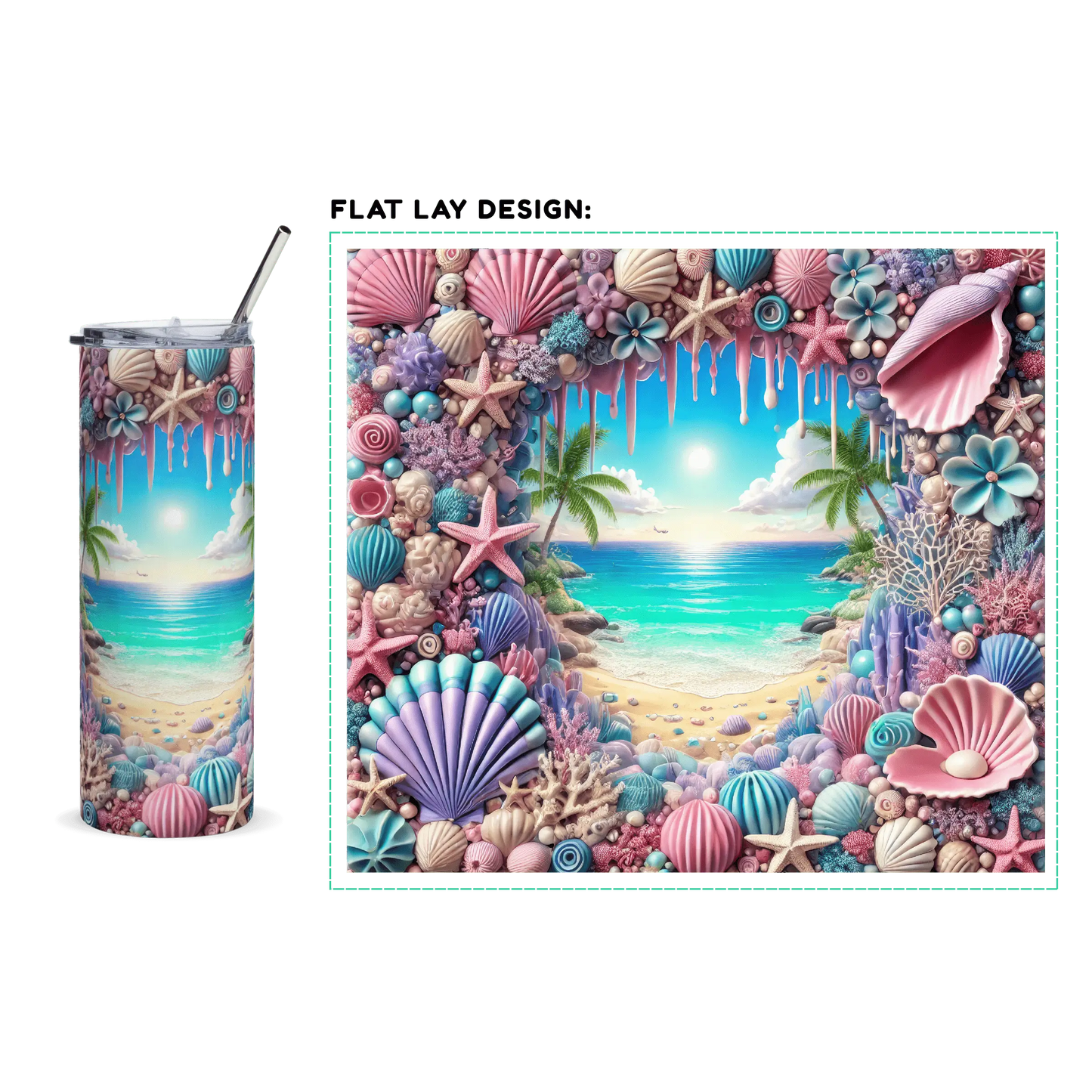 20oz. Slim Tumbler: Seashells Beach 3D - Eraya Studio
