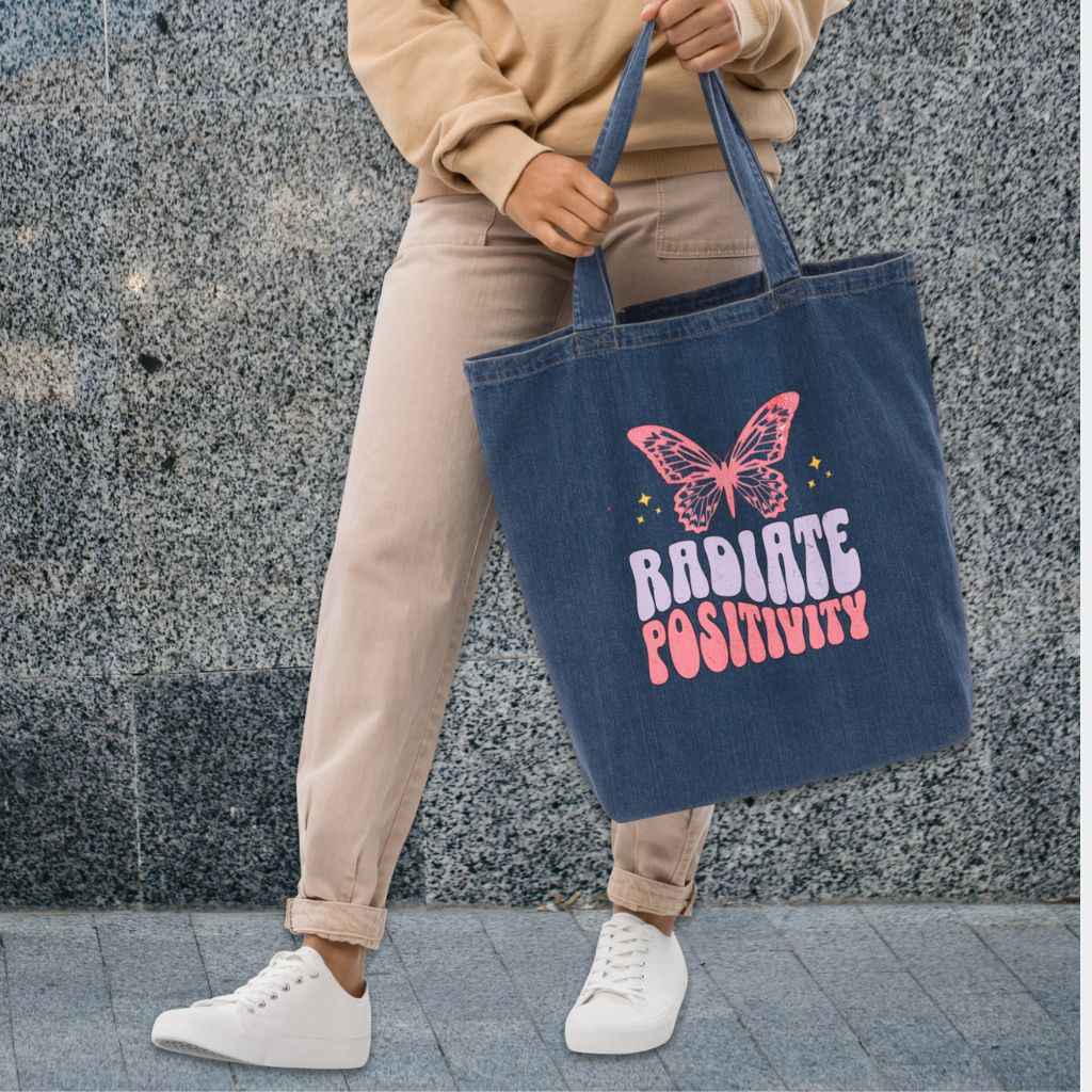 Organic Denim Tote Bag: Radiate Positivity - Eraya Studio