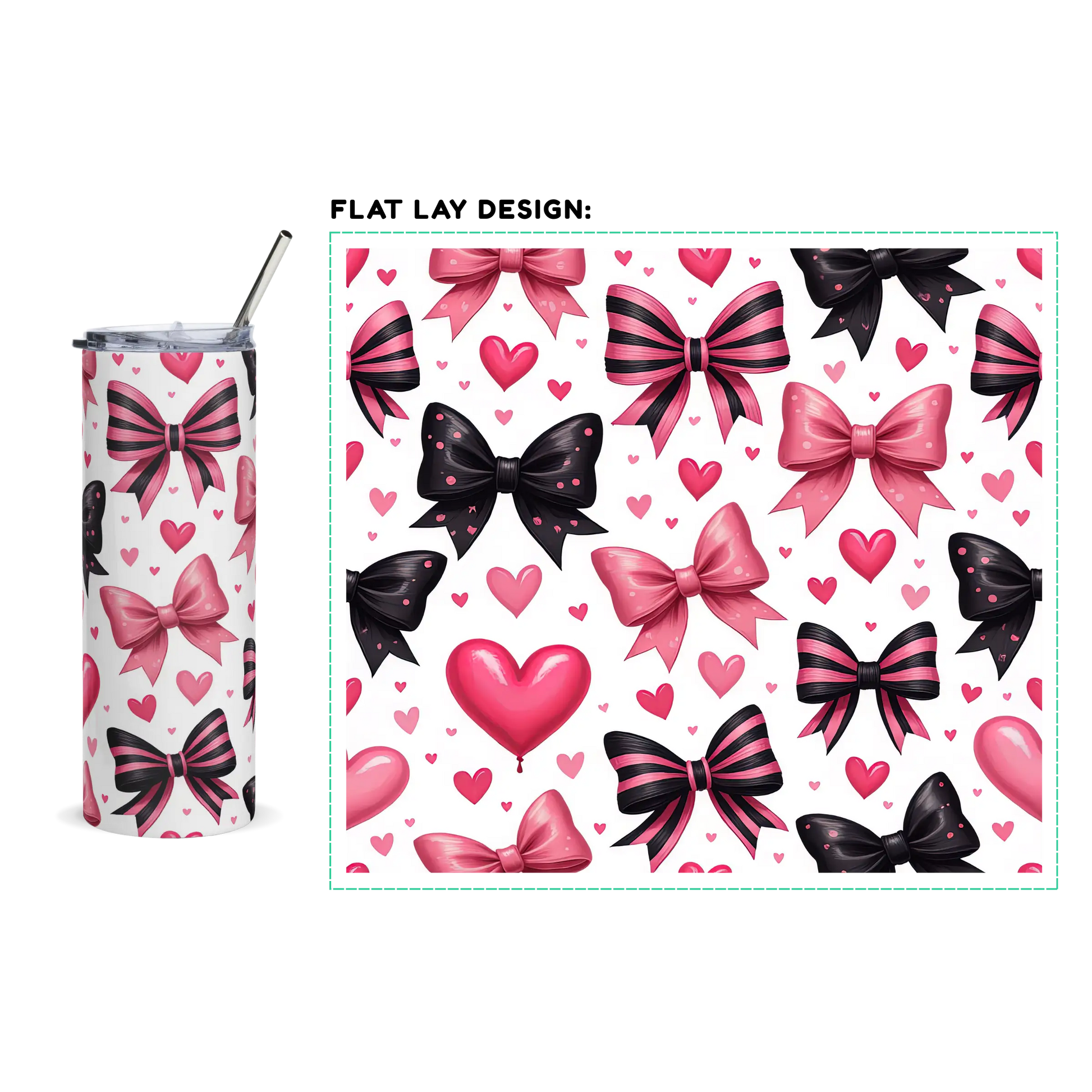 20oz Slim Tumbler: Pink-Heart Black-Pink Ribbon - Eraya Studio