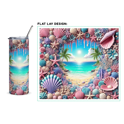 20oz. Slim Tumbler: Seashells Beach 3D - Eraya Studio